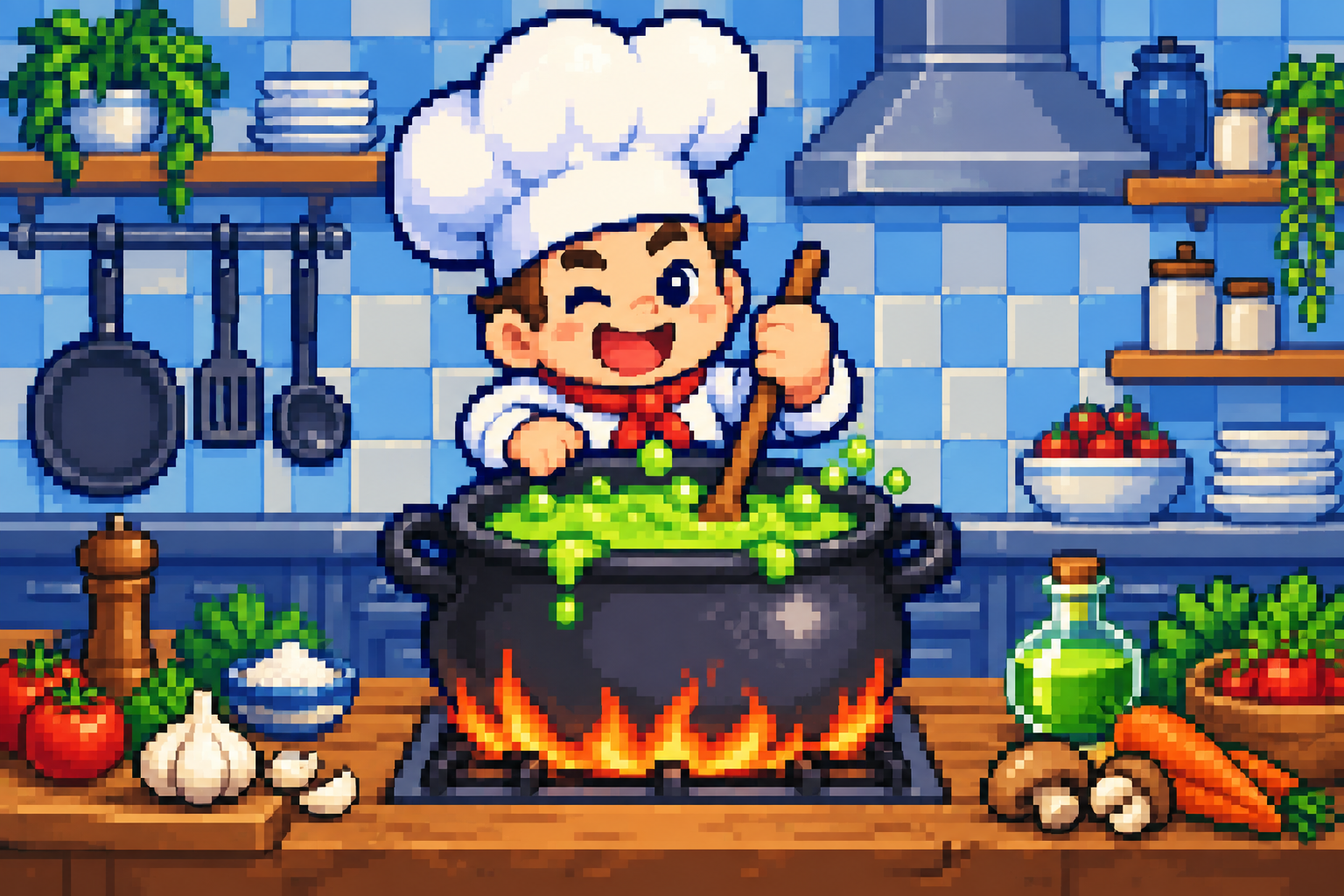 Pixel cartoon chef stirring a bubbling lime soup in a blue arcade kitchen